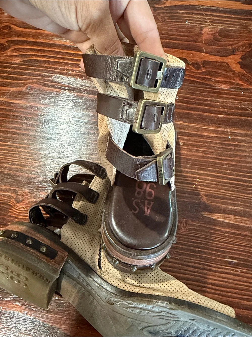 A.S.98 Beige Perforated Suede Ankle Booties with Triple Brown Buckle Straps